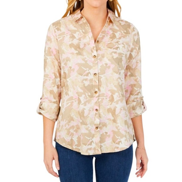 Foxcroft Zoey Abstract Camo Print Non Iron Roll Tab Button Shirt Size 6 - Picture 1 of 9